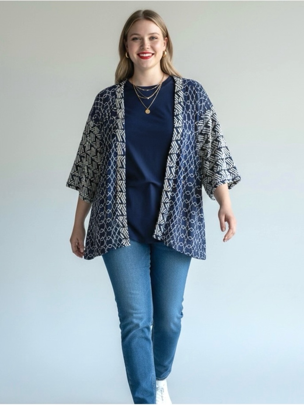 Pennington’s Blue Embroidered Geometric Open-Front Cardigan, 4X